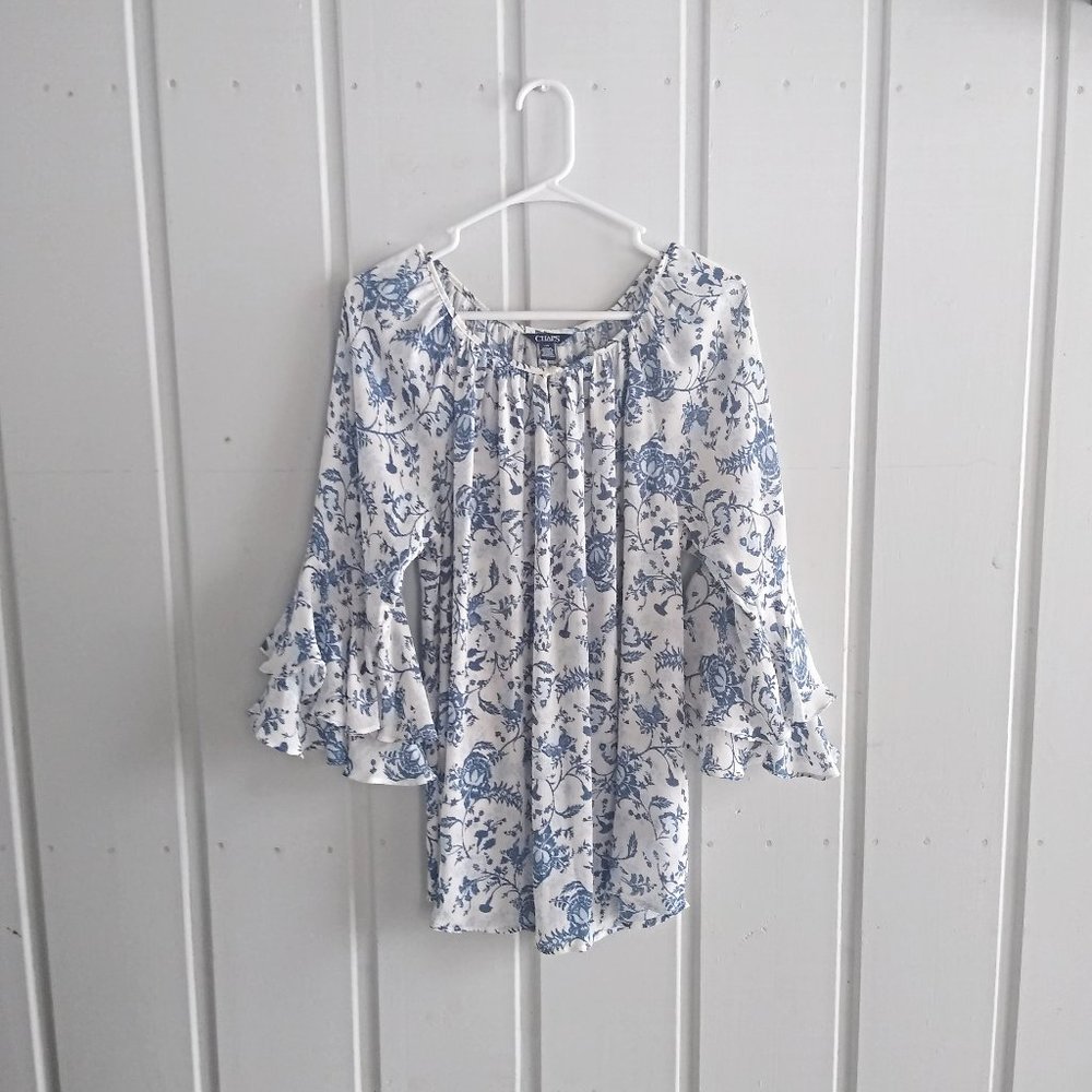 L Women's Blue Floral Bell Sleeve Blouse